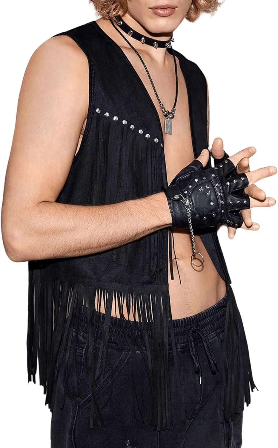 Verdusa Men's Sleeveless V Neck Studded Detail Fringe Trim Open Front Vest Jacket