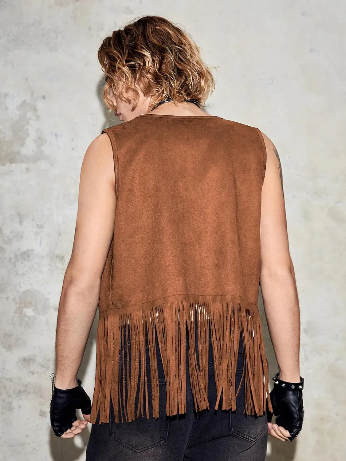 Verdusa Men's Sleeveless V Neck Studded Detail Fringe Trim Open Front Vest Jacket