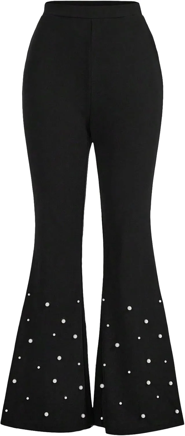 Verdusa Women's Bell Bottom Wide Leg Lace Pants Y2K Mesh Goth Flare Pants Party Clubwear