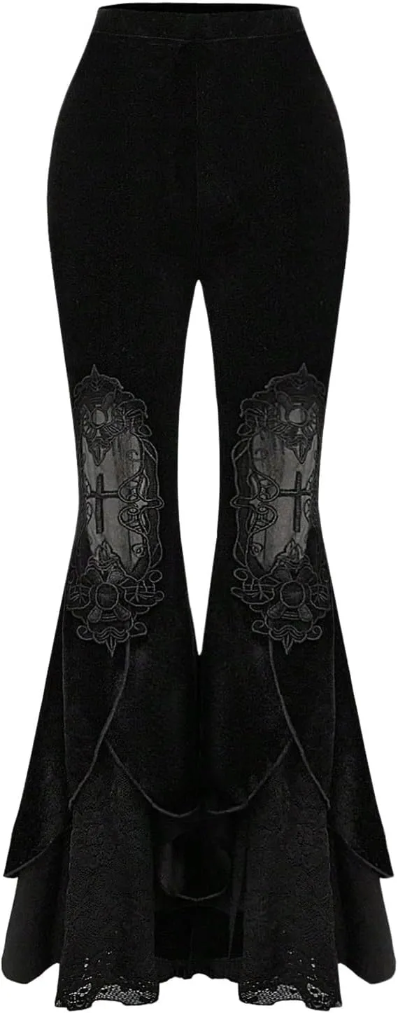 Verdusa Women's Bell Bottom Wide Leg Lace Pants Y2K Mesh Goth Flare Pants Party Clubwear