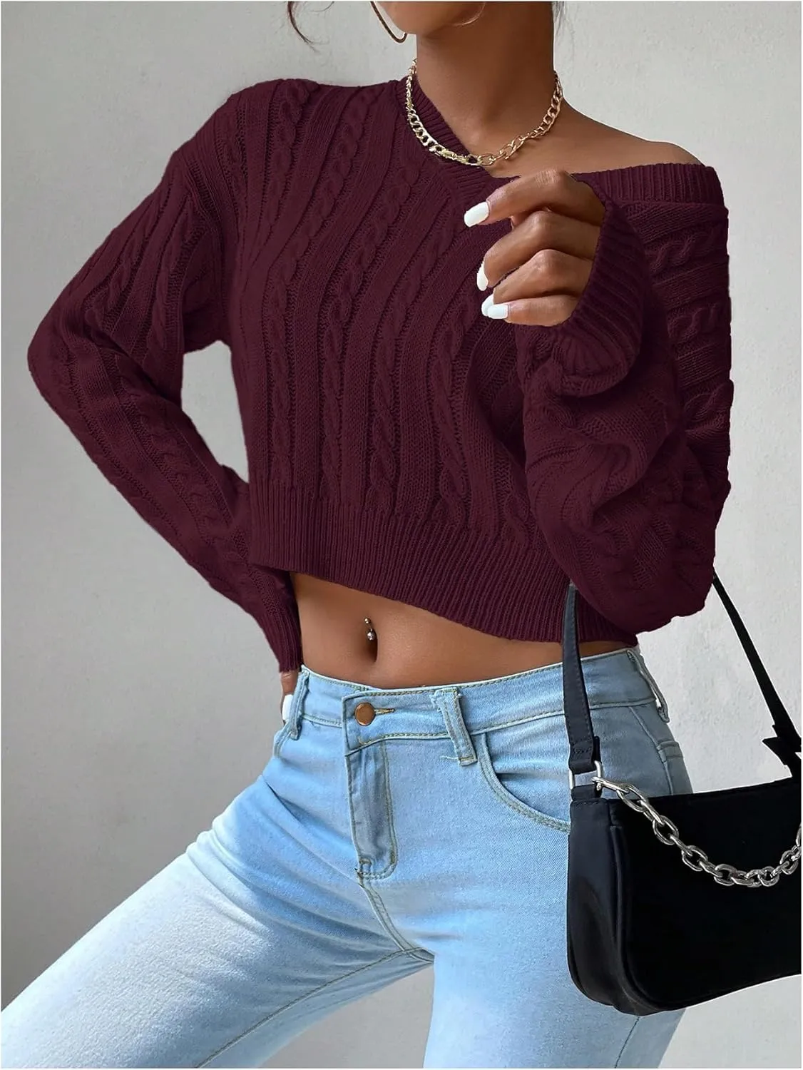 Verdusa Women's Drop Shoulder V Neck Sweater Jumper Long Sleeve Knit Pullover