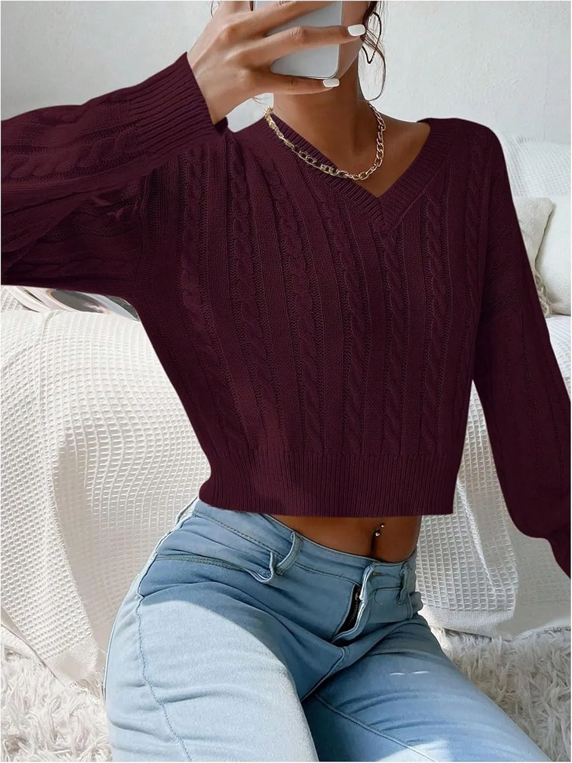 Verdusa Women's Drop Shoulder V Neck Sweater Jumper Long Sleeve Knit Pullover
