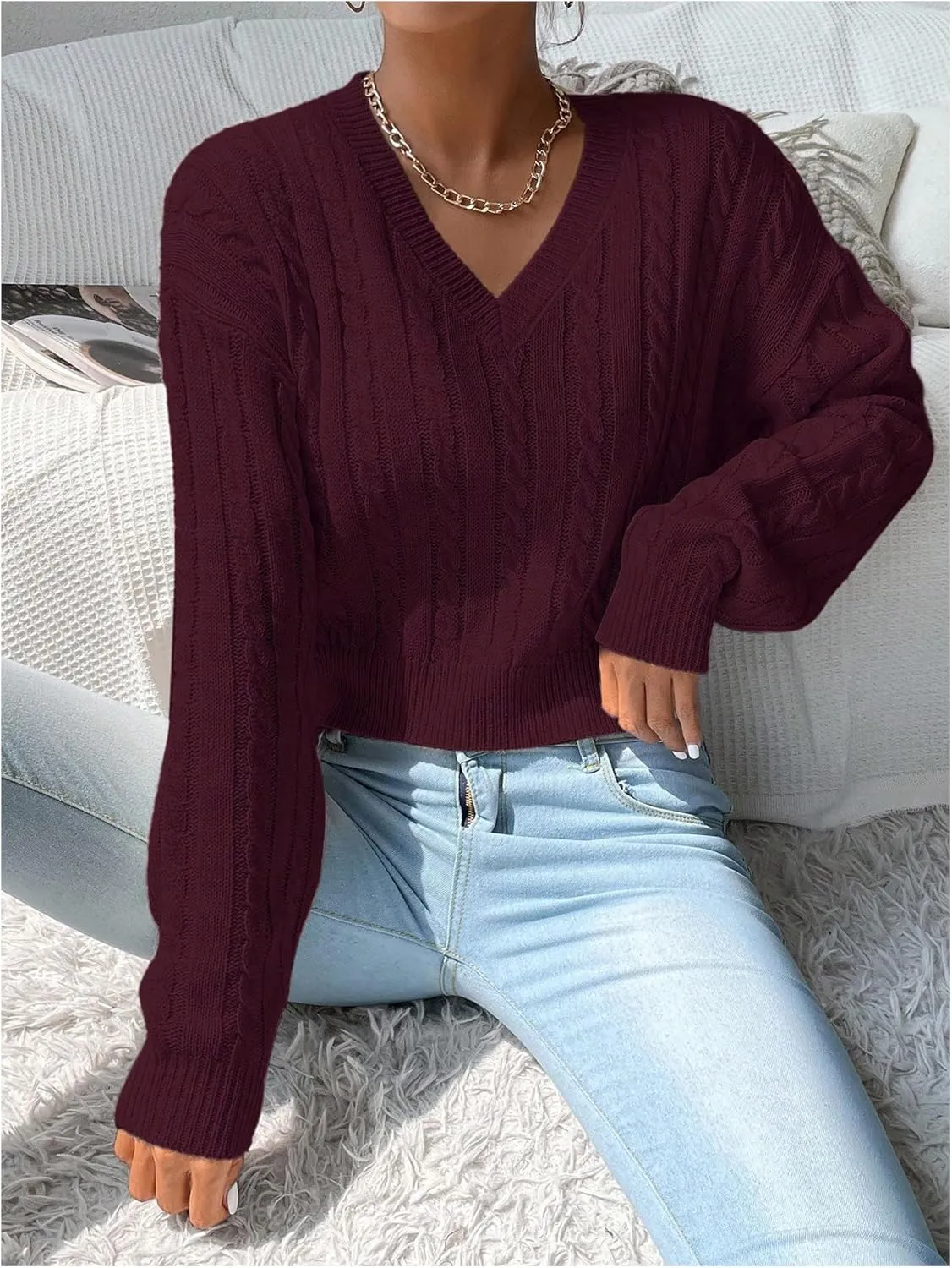 Verdusa Women's Drop Shoulder V Neck Sweater Jumper Long Sleeve Knit Pullover