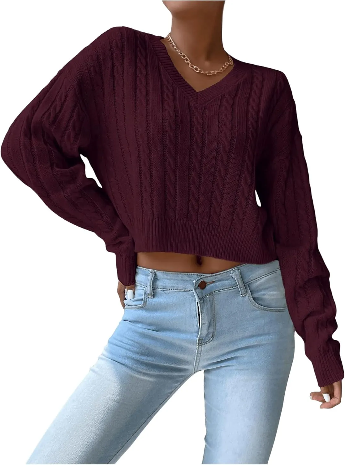 Verdusa Women's Drop Shoulder V Neck Sweater Jumper Long Sleeve Knit Pullover
