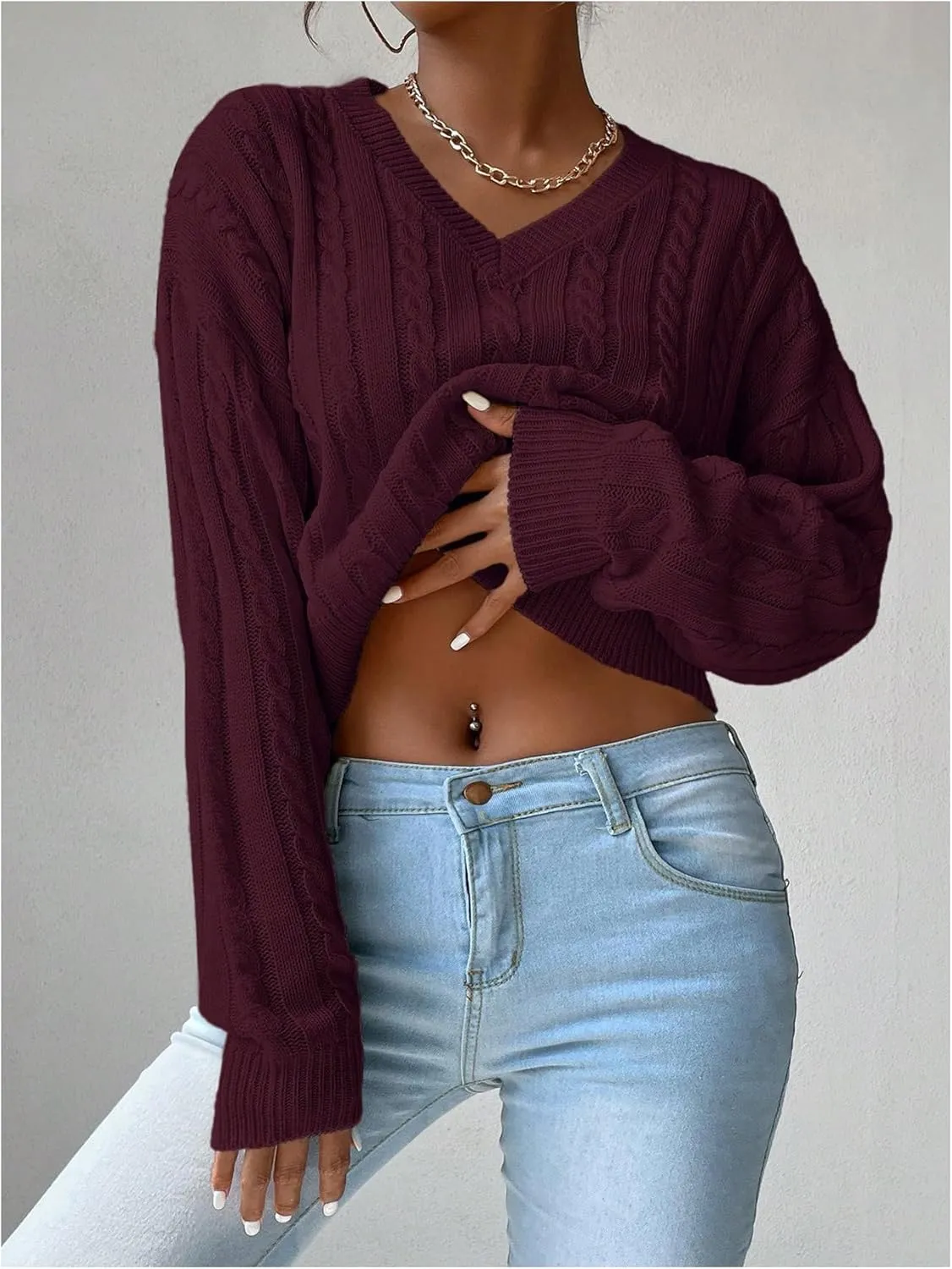 Verdusa Women's Drop Shoulder V Neck Sweater Jumper Long Sleeve Knit Pullover