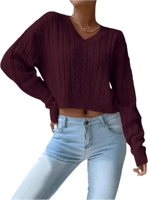 Verdusa Women's Drop Shoulder V Neck Sweater Jumper Long Sleeve Knit Pullover