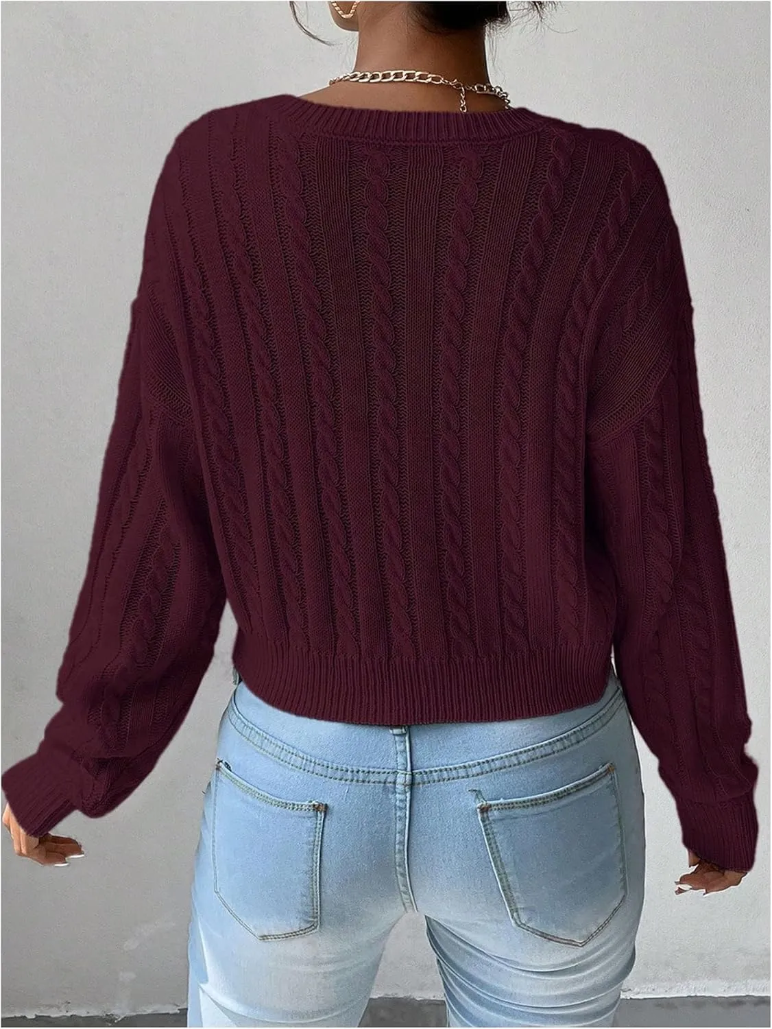 Verdusa Women's Drop Shoulder V Neck Sweater Jumper Long Sleeve Knit Pullover