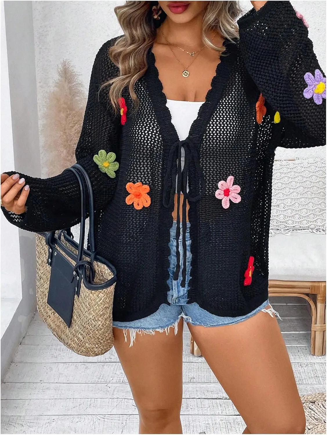 Verdusa Women's Plus Size Floral Crochet Knit Cardigan Bow Tie Front Lightweight Sweaters