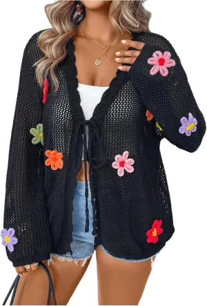 Verdusa Women's Plus Size Floral Crochet Knit Cardigan Bow Tie Front Lightweight Sweaters