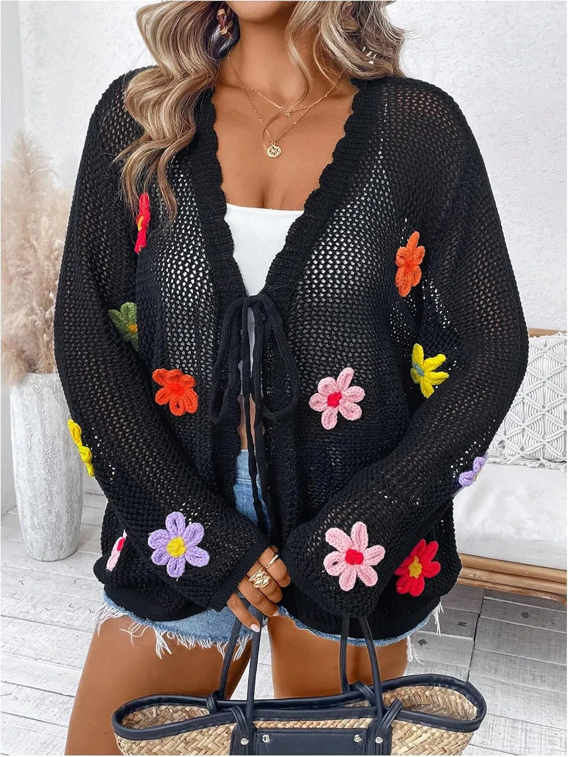 Verdusa Women's Plus Size Floral Crochet Knit Cardigan Bow Tie Front Lightweight Sweaters