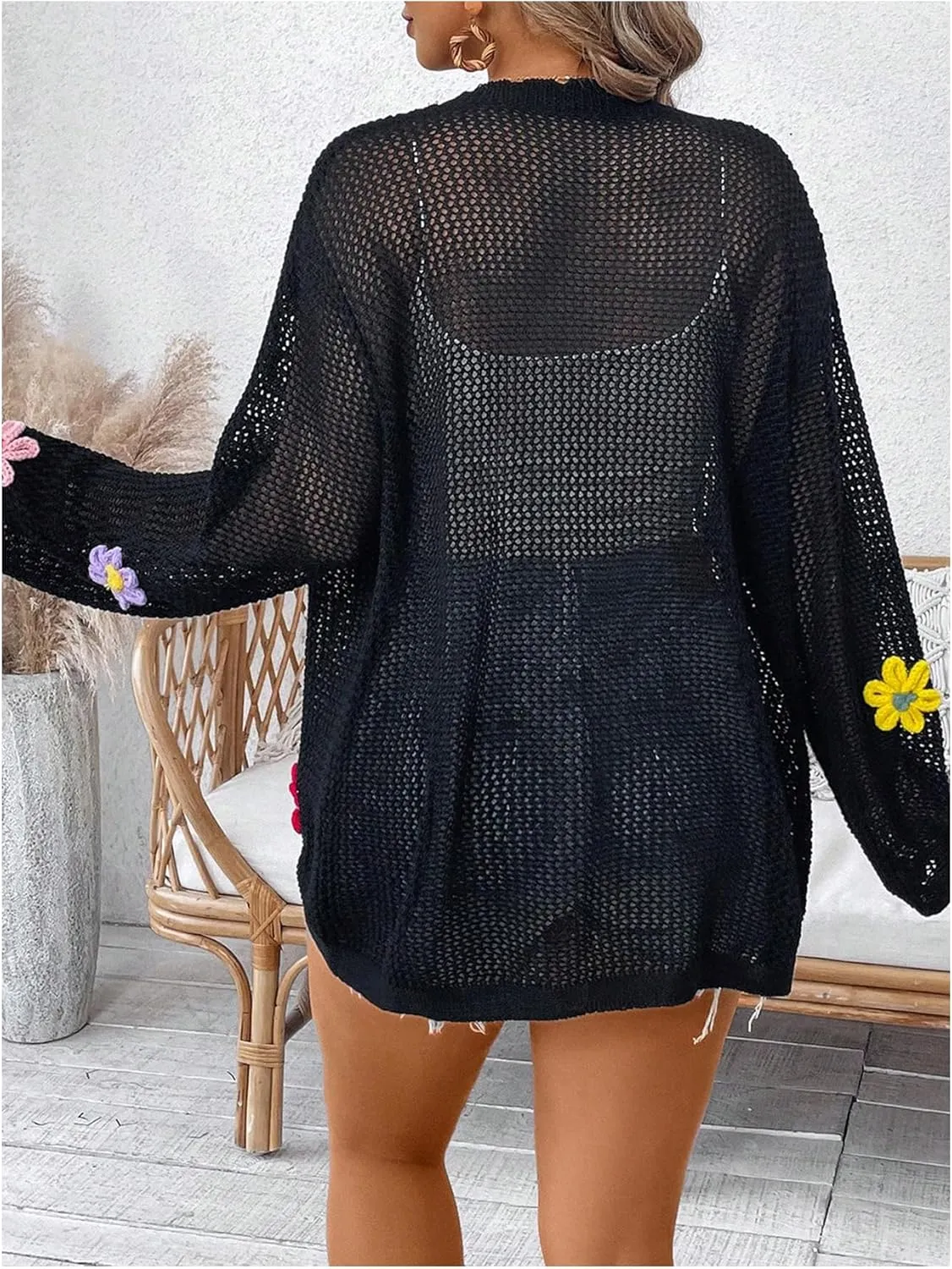 Verdusa Women's Plus Size Floral Crochet Knit Cardigan Bow Tie Front Lightweight Sweaters