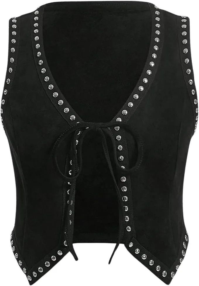 Verdusa Women's Punk Studded Crop Vest Tie Front V Neck Asymmetrical Sleeveless Jacket Outerwear