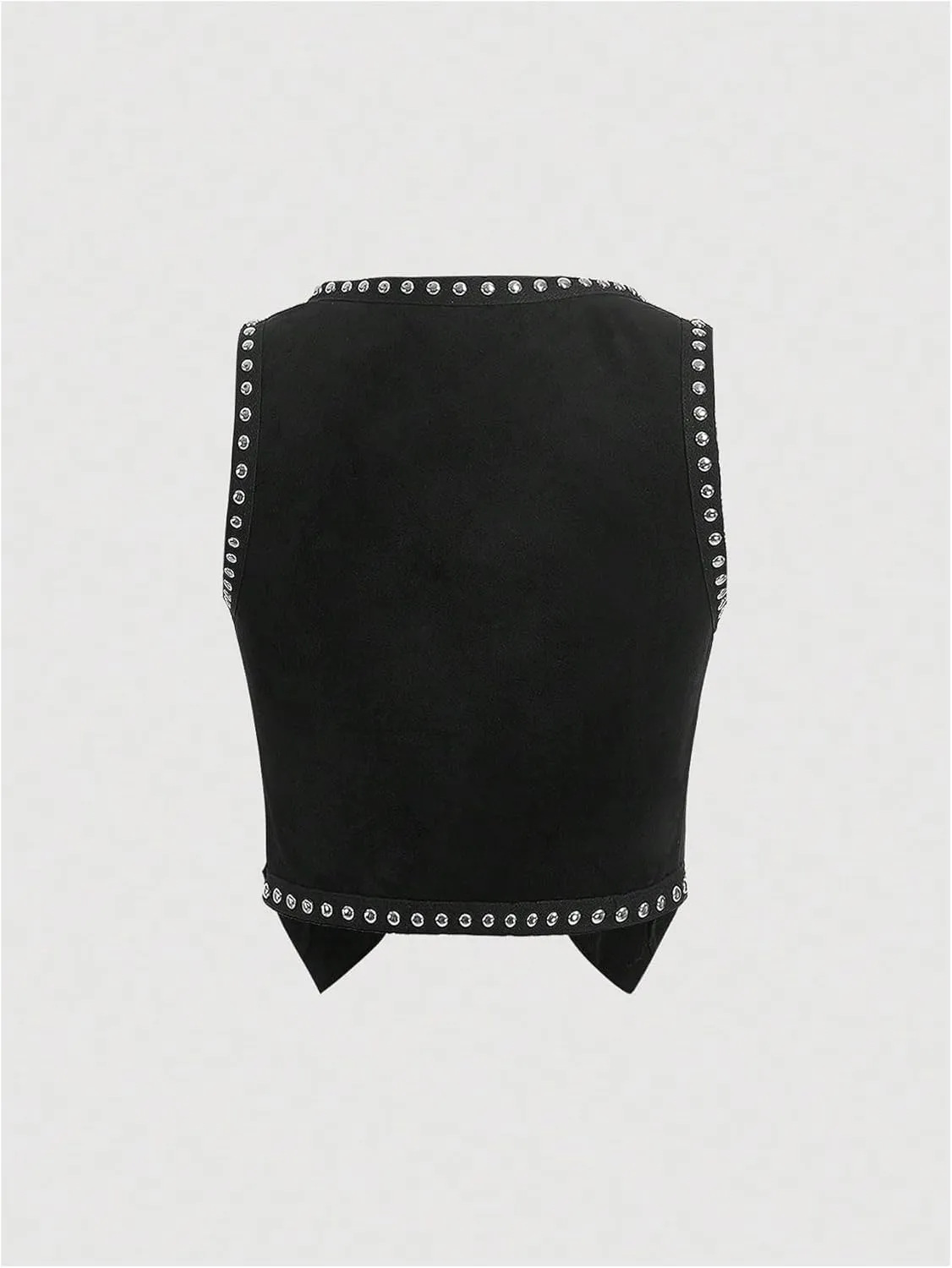 Verdusa Women's Punk Studded Crop Vest Tie Front V Neck Asymmetrical Sleeveless Jacket Outerwear