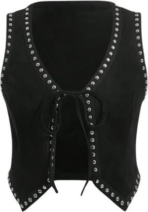 Verdusa Women's Punk Studded Crop Vest Tie Front V Neck Asymmetrical Sleeveless Jacket Outerwear