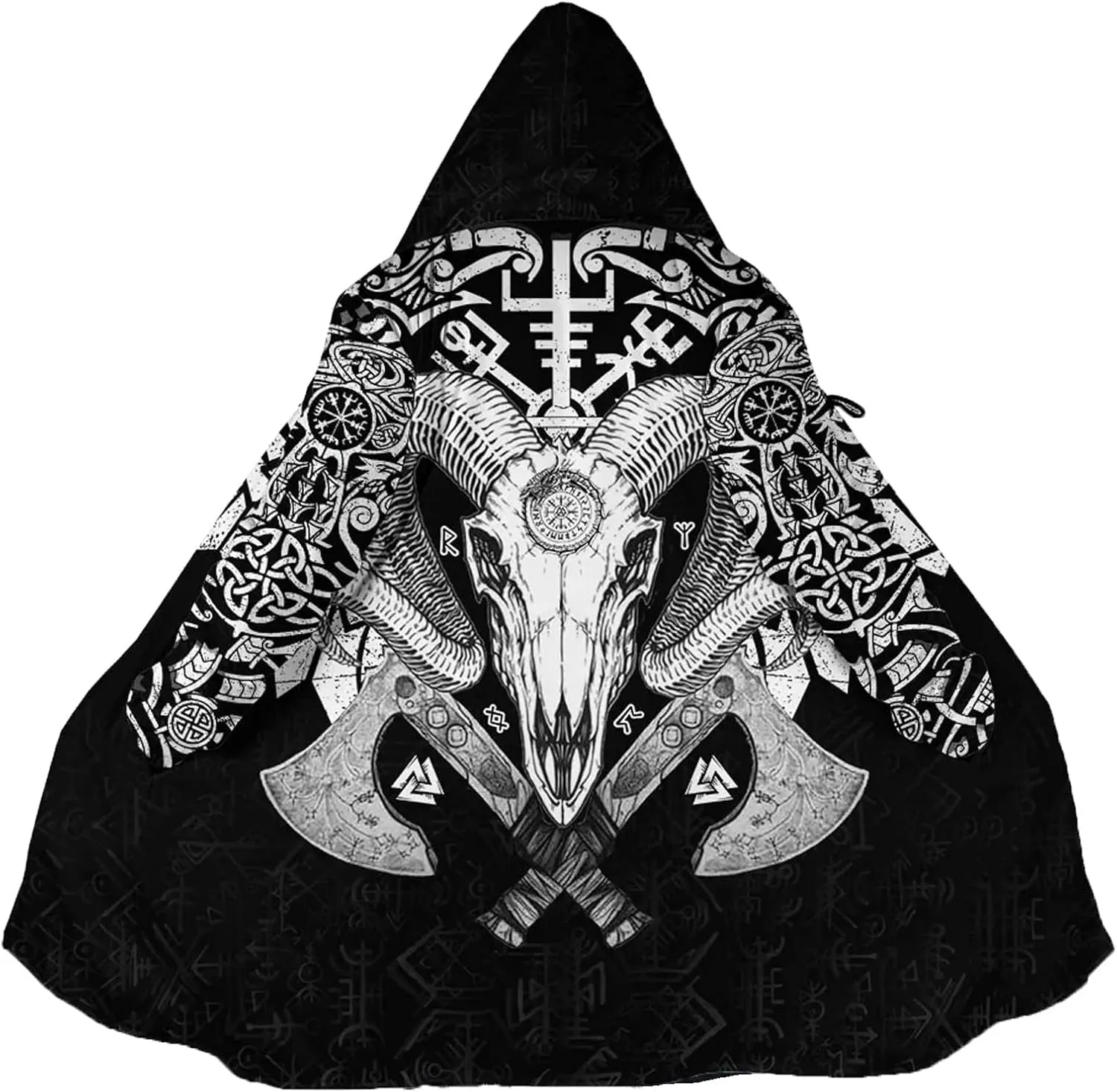 Viking Rune Men's Winter Hooded Cloak Thickened Warm Parka Norse Mythology Casual Jacket Outerwear Faux Cashmere Coat