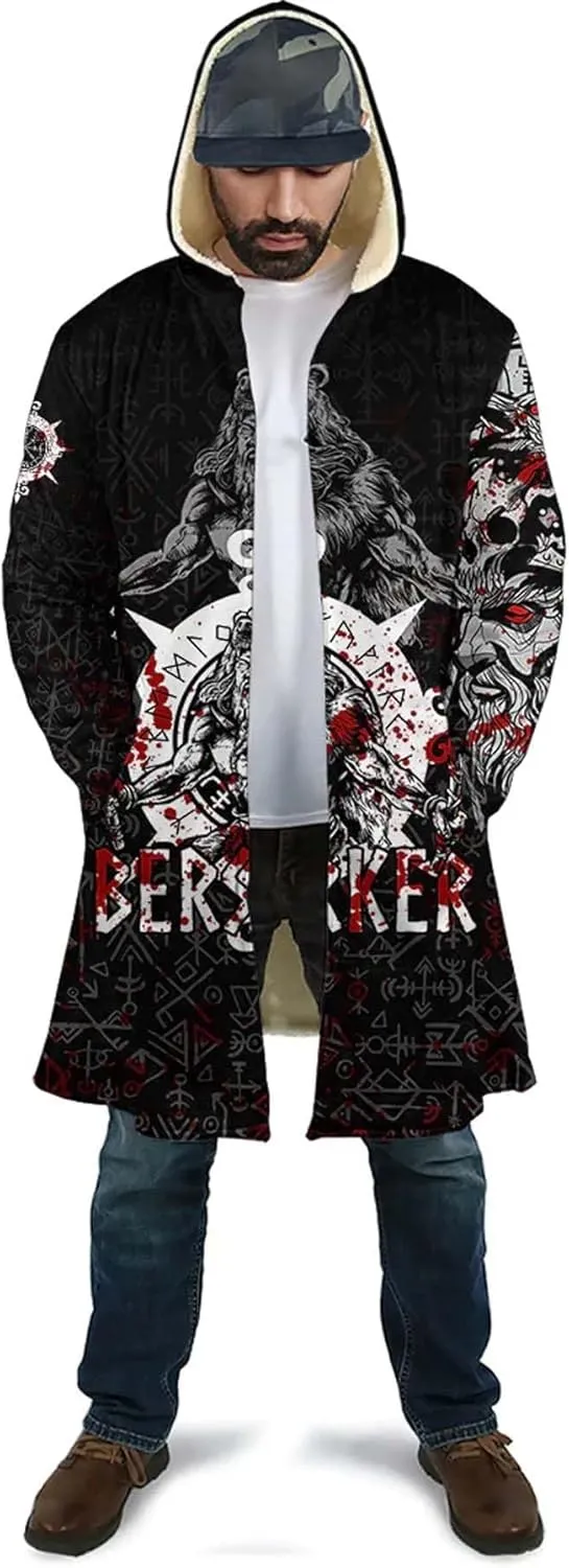 Viking Rune Men's Winter Hooded Cloak Thickened Warm Parka Norse Mythology Casual Jacket Outerwear Faux Cashmere Coat