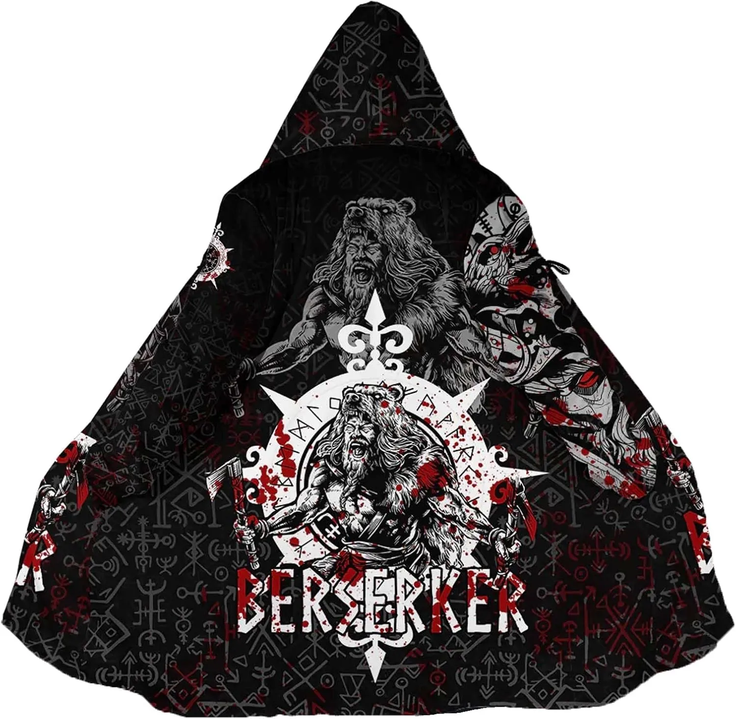 Viking Rune Men's Winter Hooded Cloak Thickened Warm Parka Norse Mythology Casual Jacket Outerwear Faux Cashmere Coat