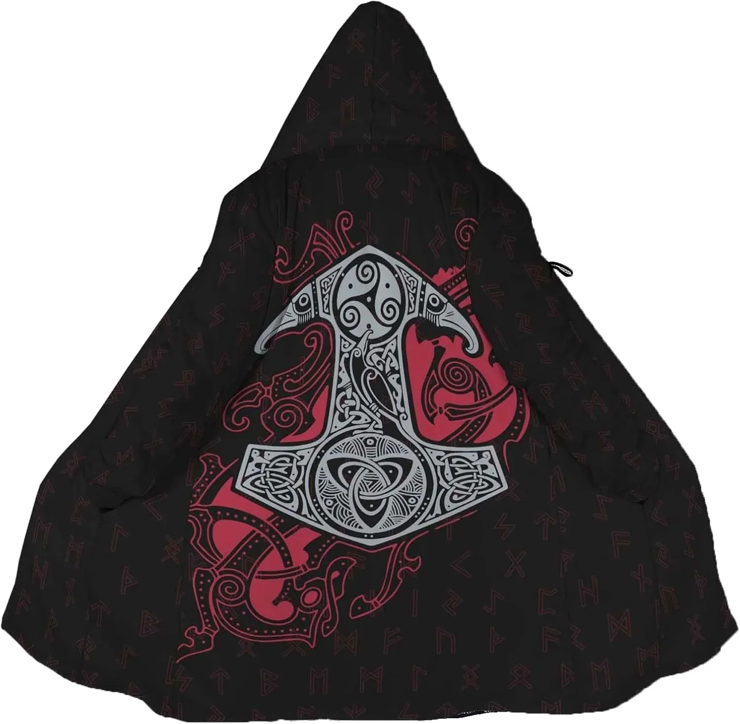 Viking Rune Men's Winter Hooded Cloak Thickened Warm Parka Norse Mythology Casual Jacket Outerwear Faux Cashmere Coat