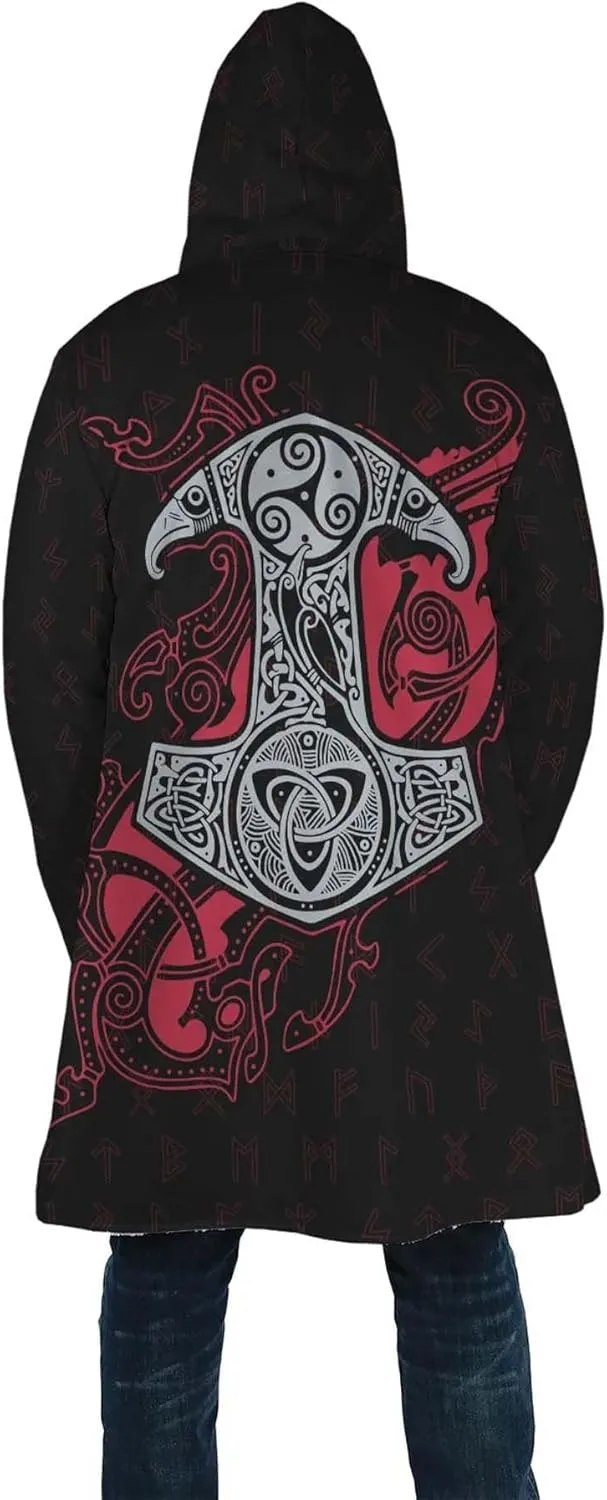 Viking Rune Men's Winter Hooded Cloak Thickened Warm Parka Norse Mythology Casual Jacket Outerwear Faux Cashmere Coat
