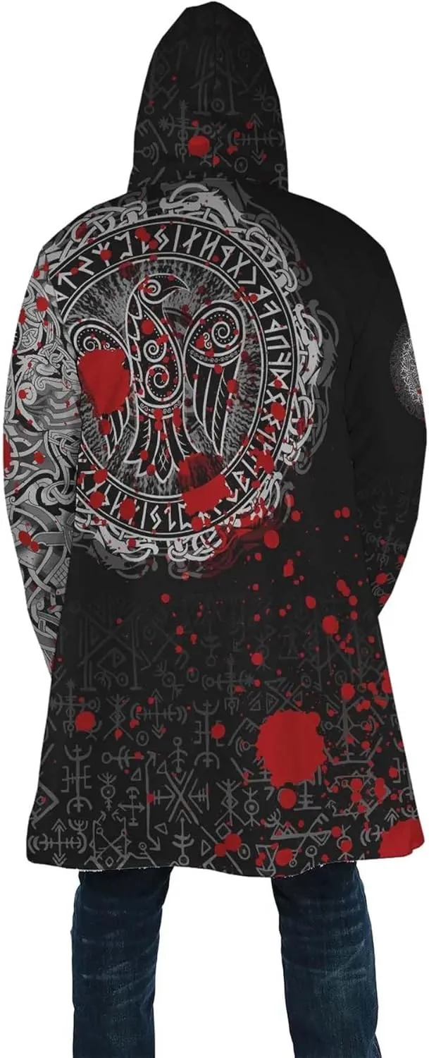 Viking Rune Men's Winter Hooded Cloak Thickened Warm Parka Norse Mythology Casual Jacket Outerwear Faux Cashmere Coat