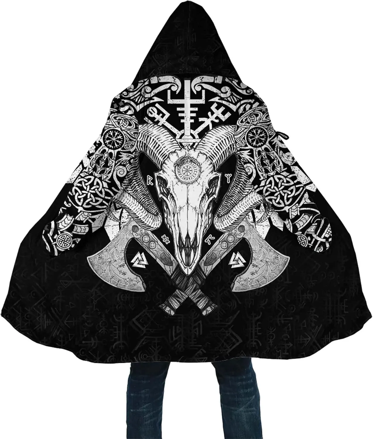 Viking Rune Men's Winter Hooded Cloak Thickened Warm Parka Norse Mythology Casual Jacket Outerwear Faux Cashmere Coat