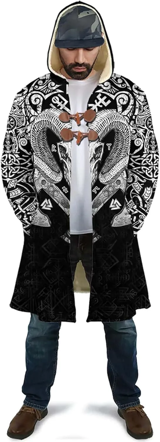 Viking Rune Men's Winter Hooded Cloak Thickened Warm Parka Norse Mythology Casual Jacket Outerwear Faux Cashmere Coat