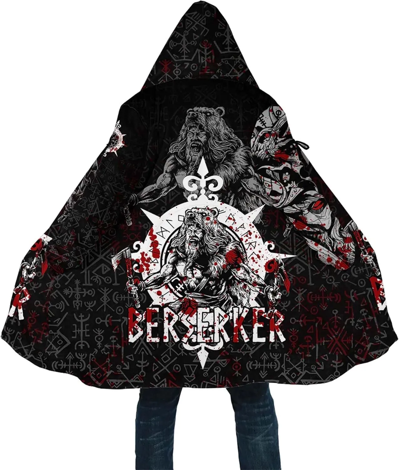 Viking Rune Men's Winter Hooded Cloak Thickened Warm Parka Norse Mythology Casual Jacket Outerwear Faux Cashmere Coat