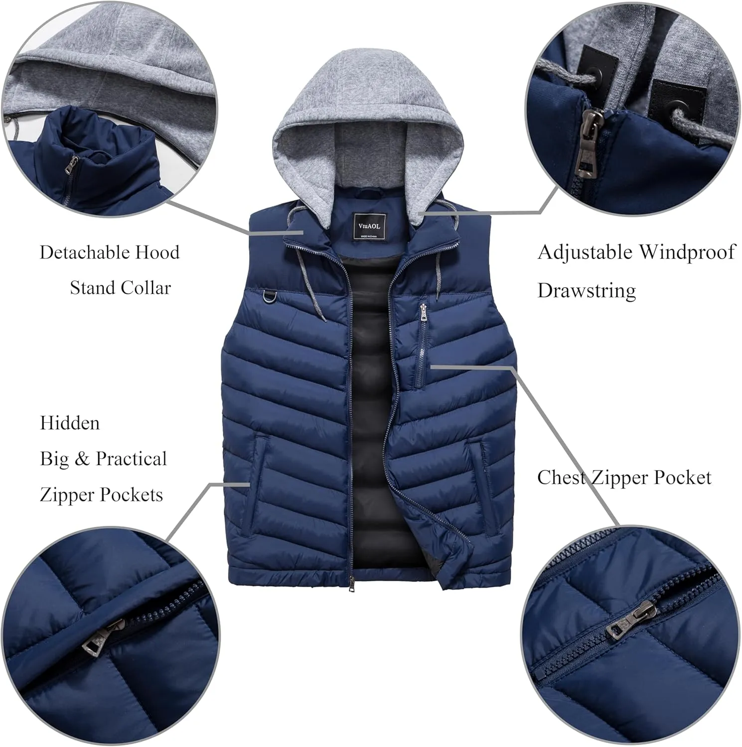 VtuAOL Men's Puffer Vest Outdoor Hooded Padded Vest Softshell Outerwear Vest for Travel Hiking
