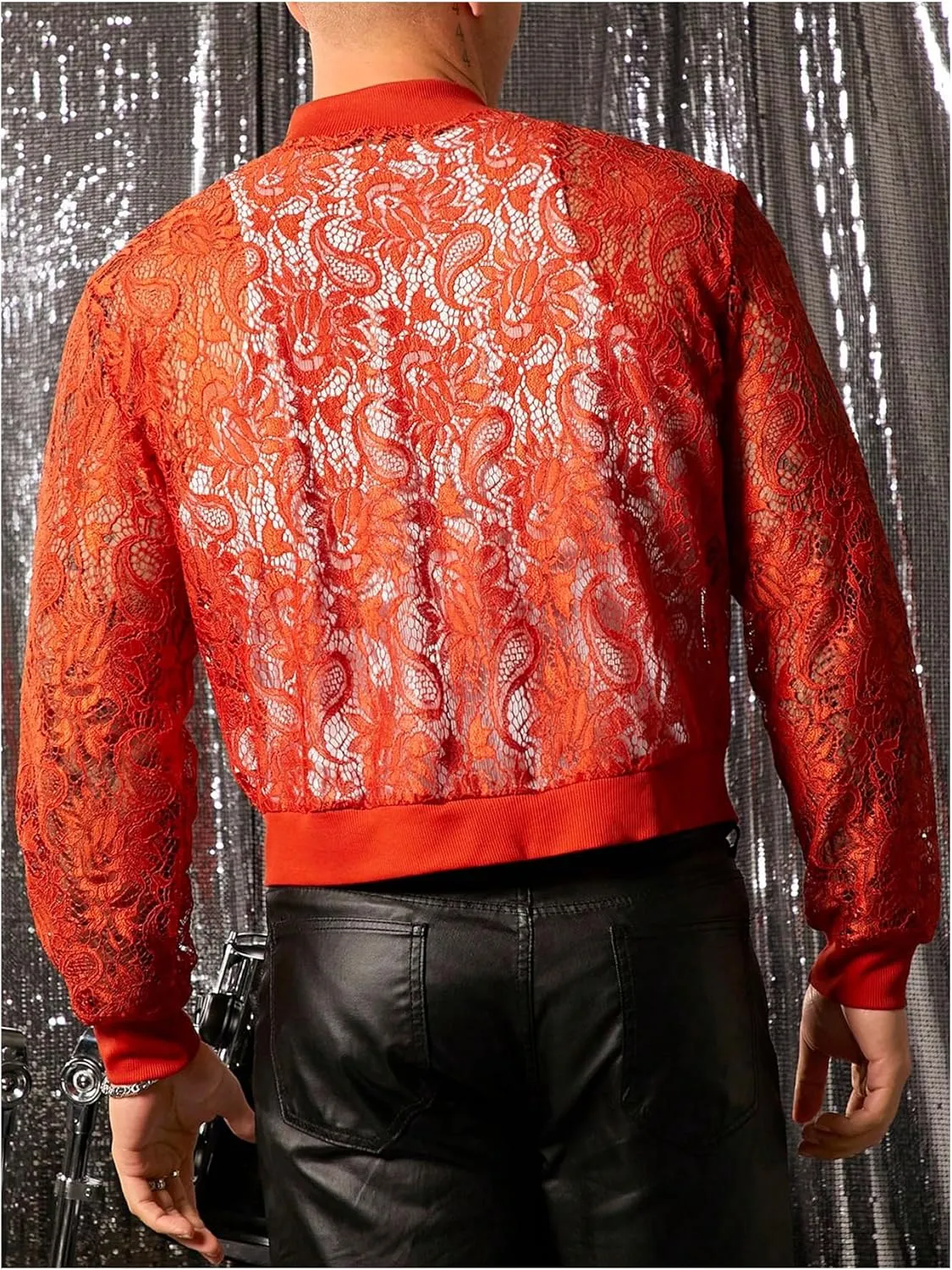 WDIRARA Men's Sheer Floral Lace Bomber Jackets Long Sleeve See Through Coats Zip Up Outerwear