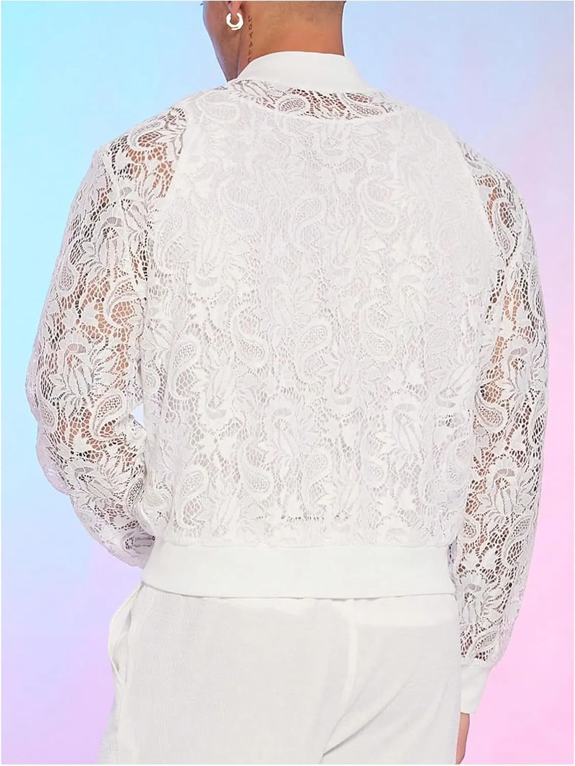 WDIRARA Men's Sheer Floral Lace Bomber Jackets Long Sleeve See Through Coats Zip Up Outerwear