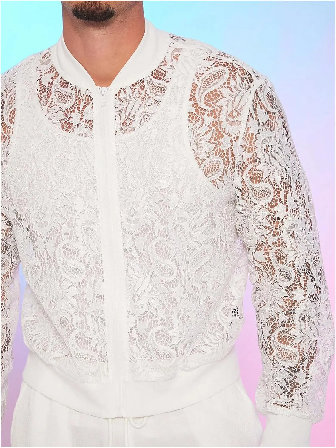 WDIRARA Men's Sheer Floral Lace Bomber Jackets Long Sleeve See Through Coats Zip Up Outerwear