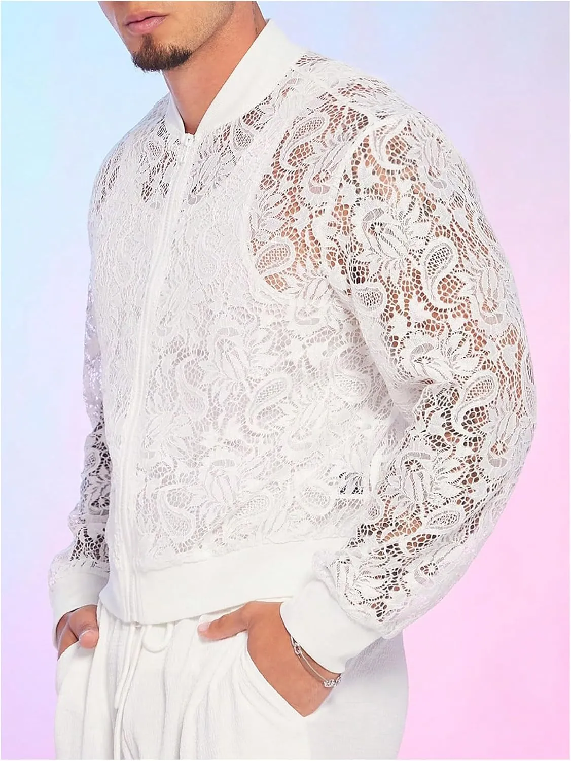 WDIRARA Men's Sheer Floral Lace Bomber Jackets Long Sleeve See Through Coats Zip Up Outerwear