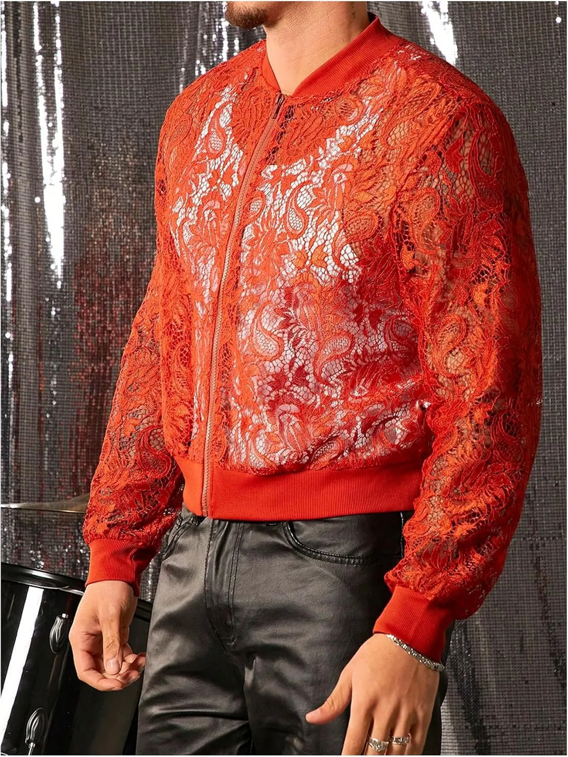 WDIRARA Men's Sheer Floral Lace Bomber Jackets Long Sleeve See Through Coats Zip Up Outerwear