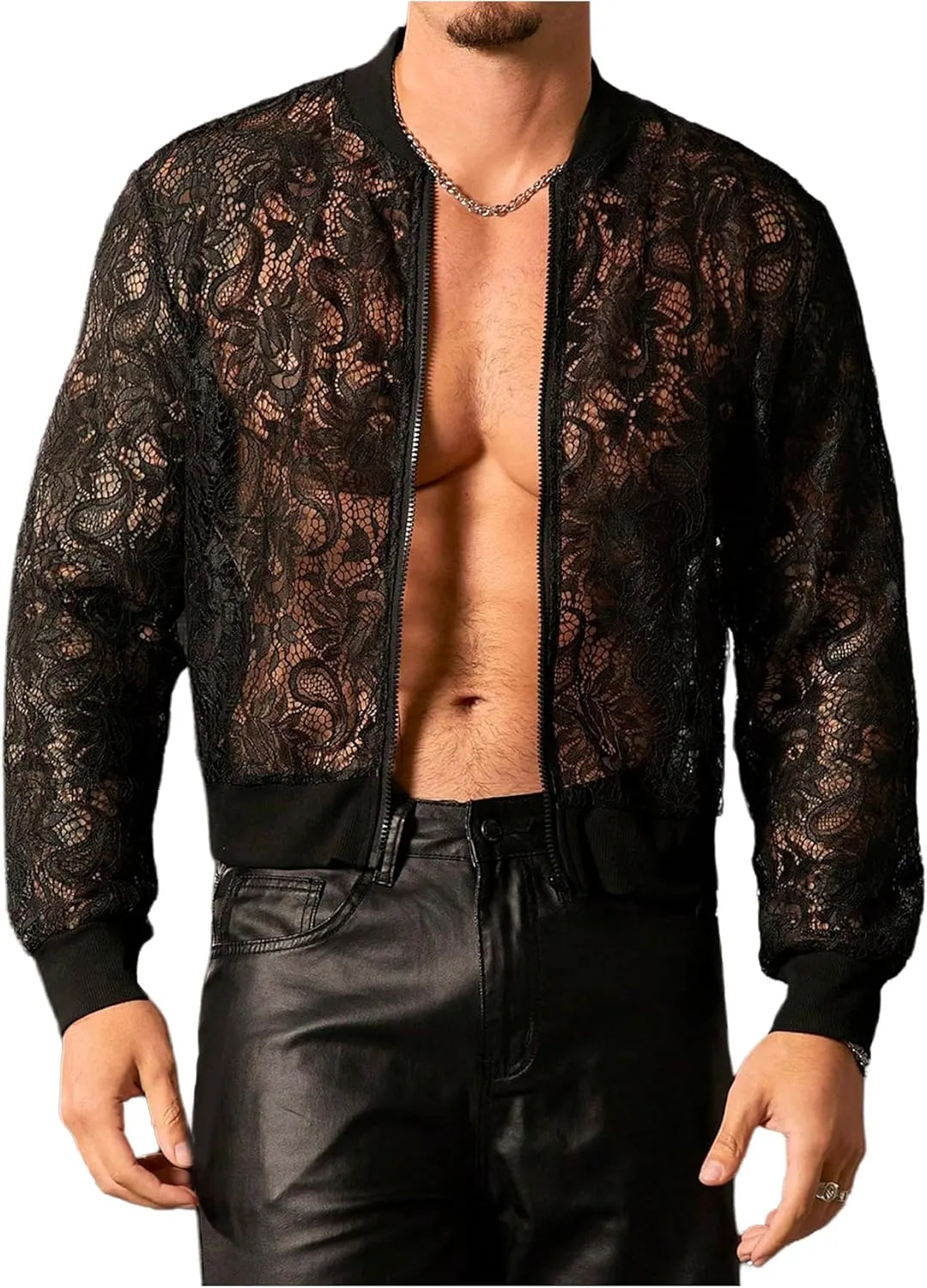 WDIRARA Men's Sheer Floral Lace Bomber Jackets Long Sleeve See Through Coats Zip Up Outerwear