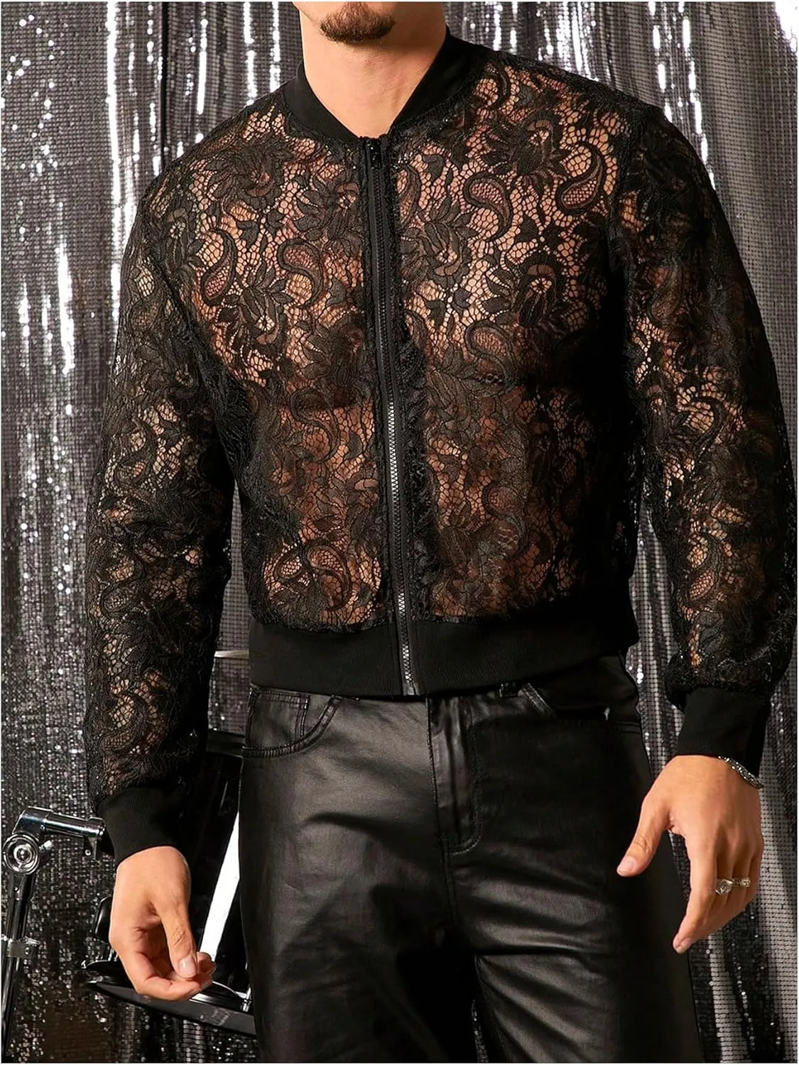 WDIRARA Men's Sheer Floral Lace Bomber Jackets Long Sleeve See Through Coats Zip Up Outerwear