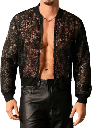 WDIRARA Men's Sheer Floral Lace Bomber Jackets Long Sleeve See Through Coats Zip Up Outerwear