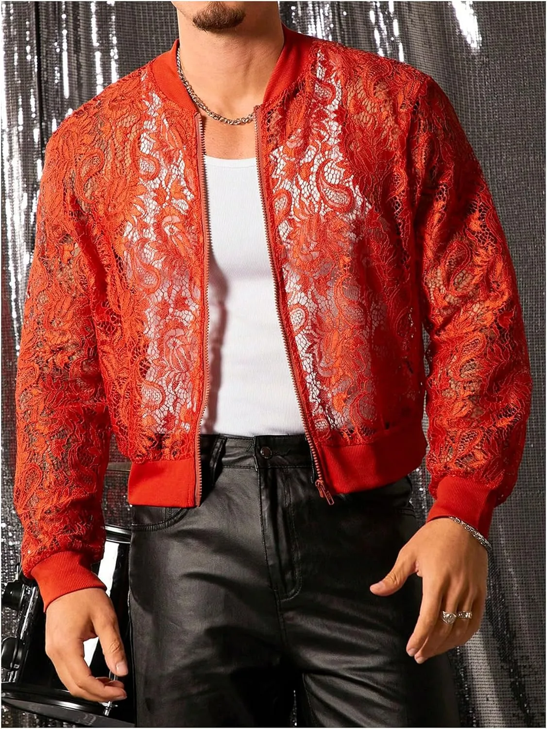 WDIRARA Men's Sheer Floral Lace Bomber Jackets Long Sleeve See Through Coats Zip Up Outerwear