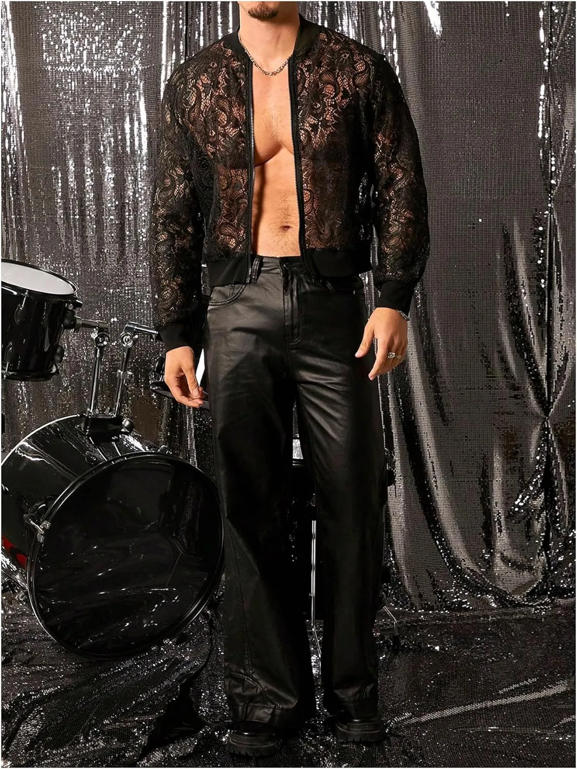WDIRARA Men's Sheer Floral Lace Bomber Jackets Long Sleeve See Through Coats Zip Up Outerwear
