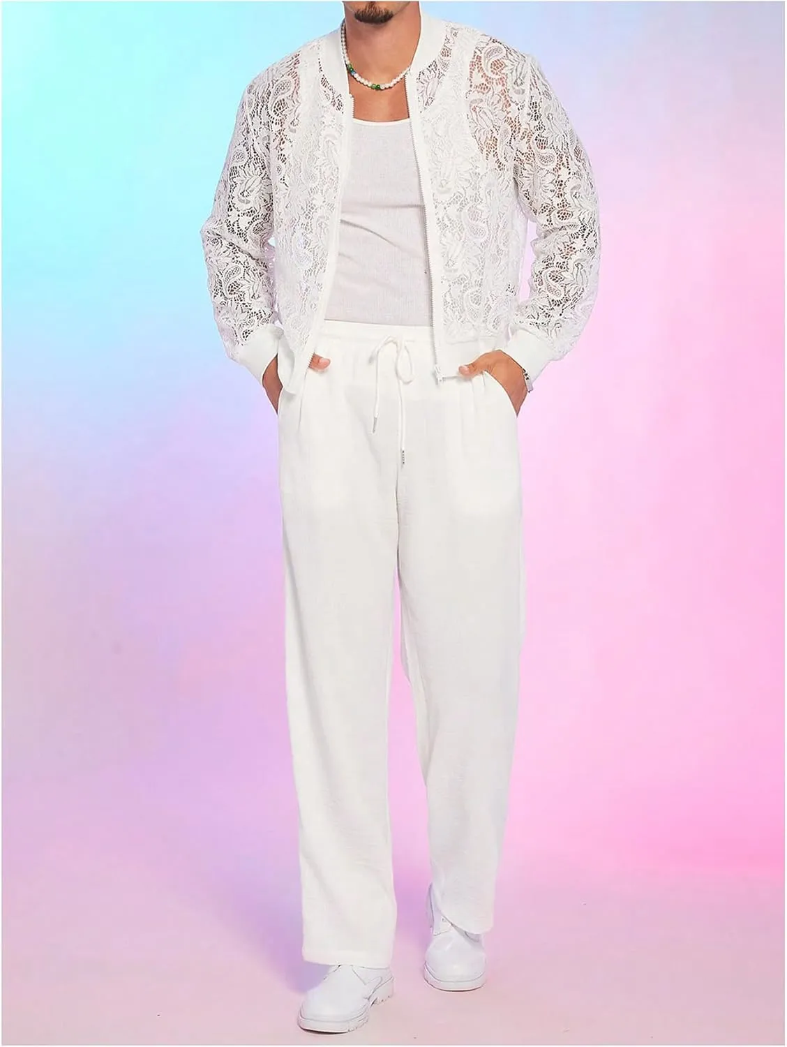 WDIRARA Men's Sheer Floral Lace Bomber Jackets Long Sleeve See Through Coats Zip Up Outerwear