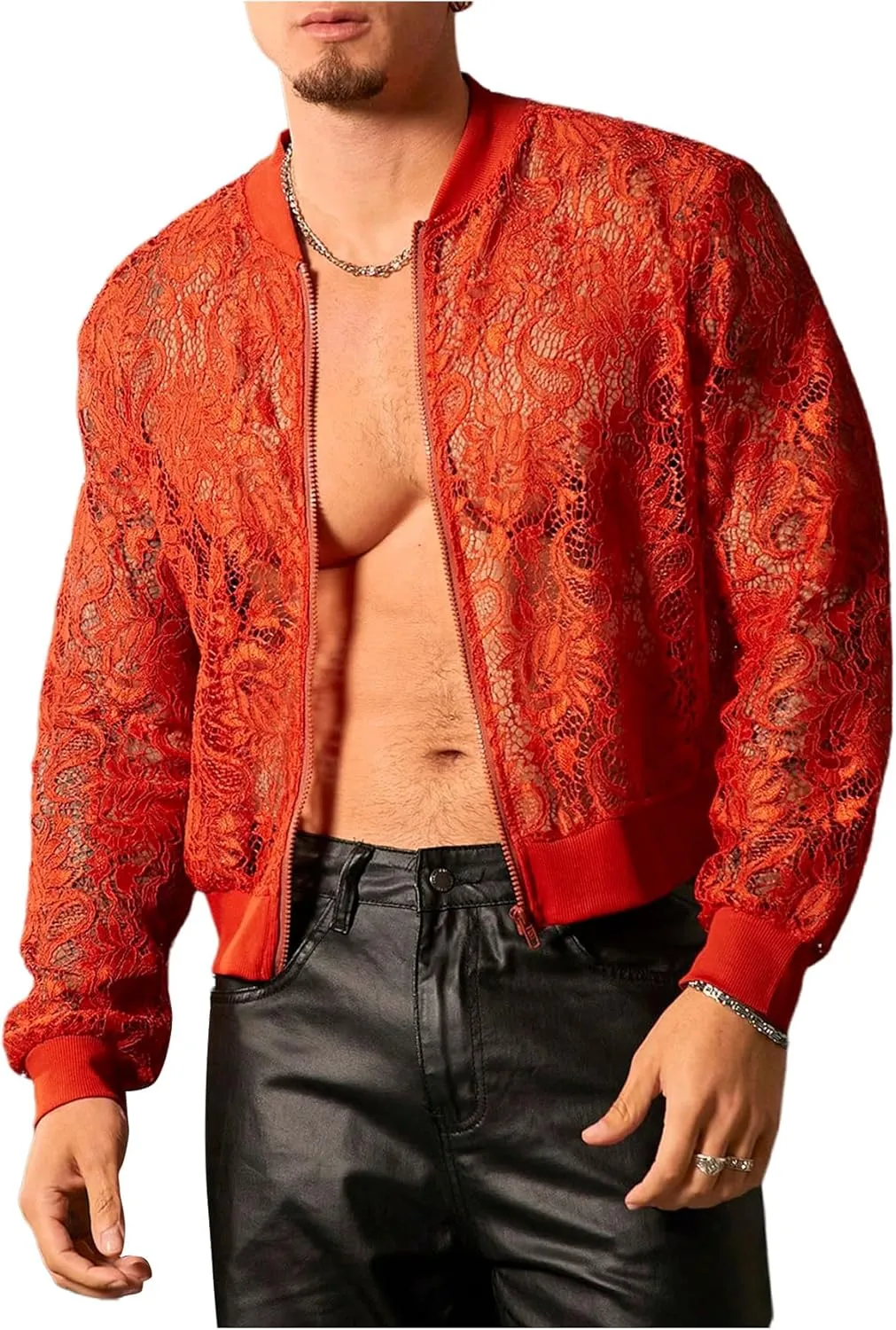 WDIRARA Men's Sheer Floral Lace Bomber Jackets Long Sleeve See Through Coats Zip Up Outerwear