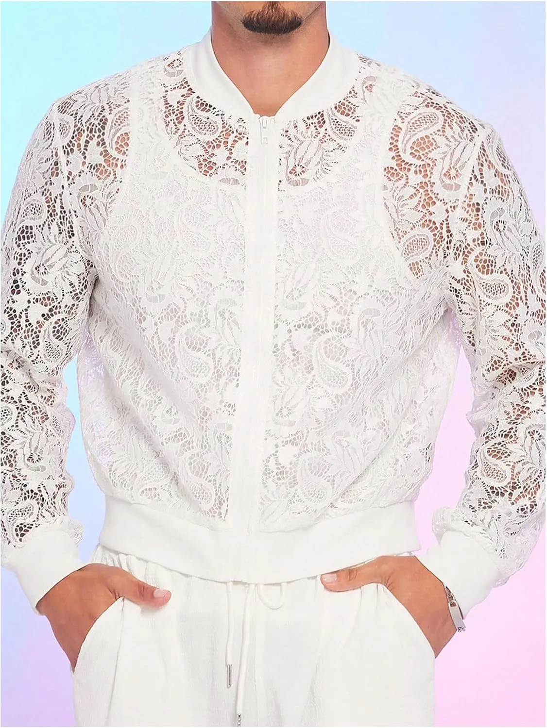 WDIRARA Men's Sheer Floral Lace Bomber Jackets Long Sleeve See Through Coats Zip Up Outerwear
