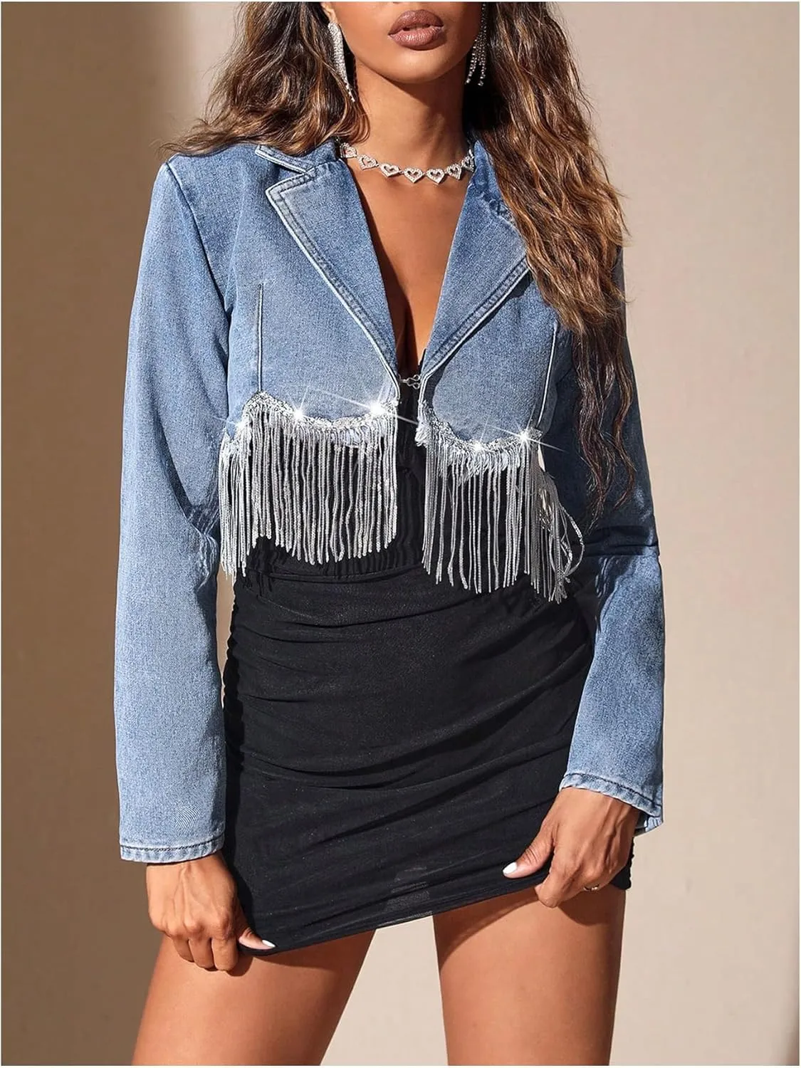 WDIRARA Women's Fringe Trim Trendy Crop Denim Jacket Lapel Neck Long Sleeve Outerwear Coats
