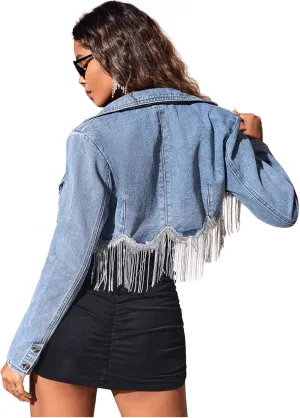WDIRARA Women's Fringe Trim Trendy Crop Denim Jacket Lapel Neck Long Sleeve Outerwear Coats