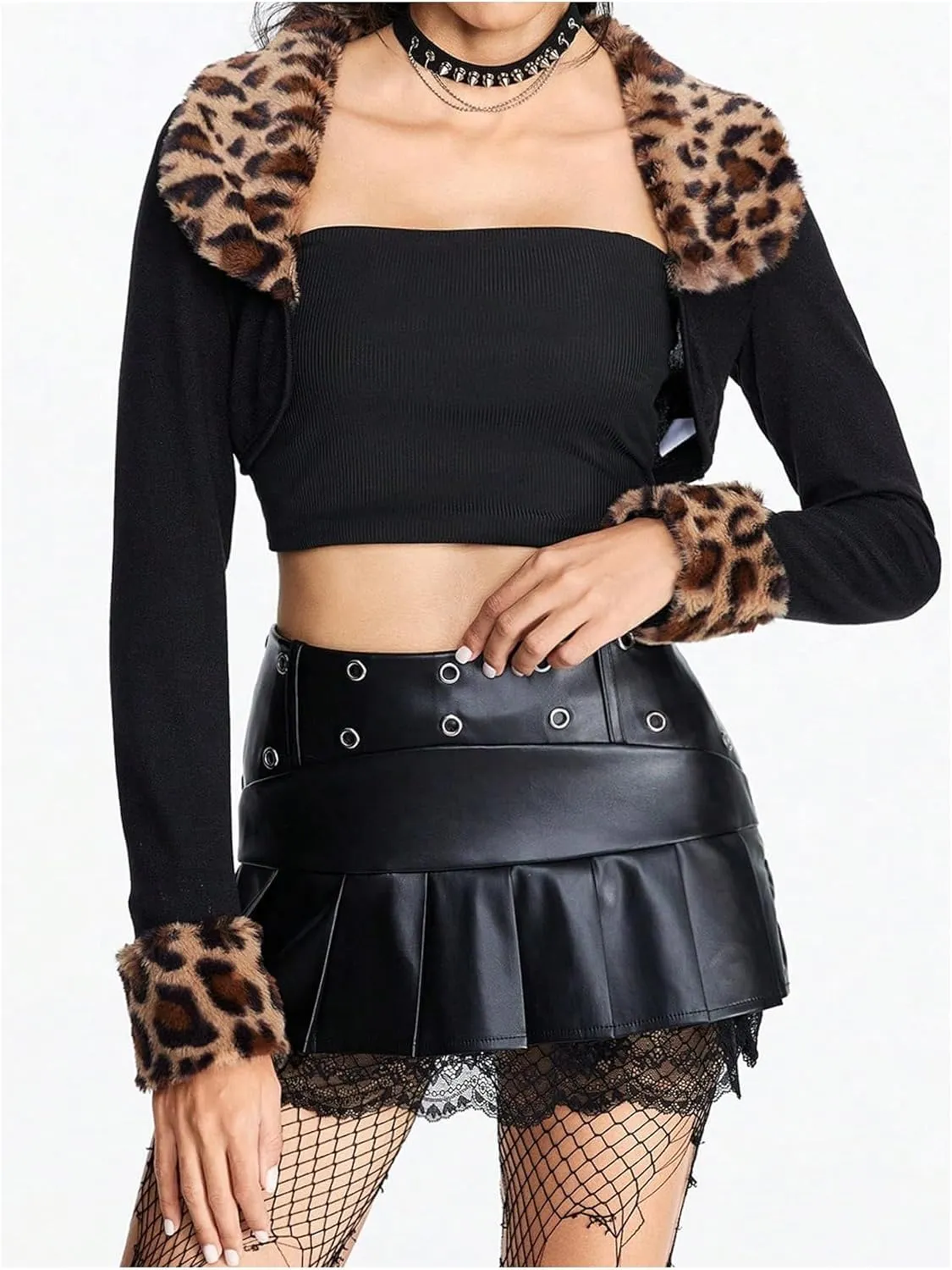 WDIRARA Women's Leopard Pattern Fuzzy Collar Long Sleeve Crop Coat Open Front Shrug Outerwear
