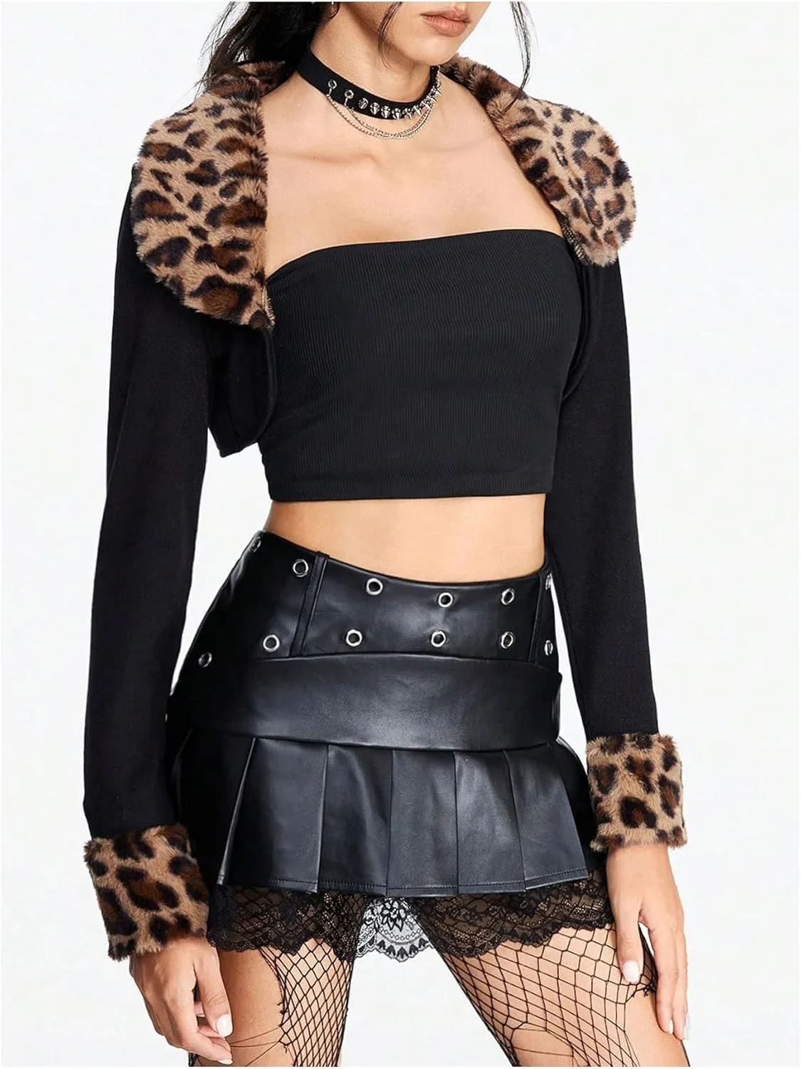 WDIRARA Women's Leopard Pattern Fuzzy Collar Long Sleeve Crop Coat Open Front Shrug Outerwear