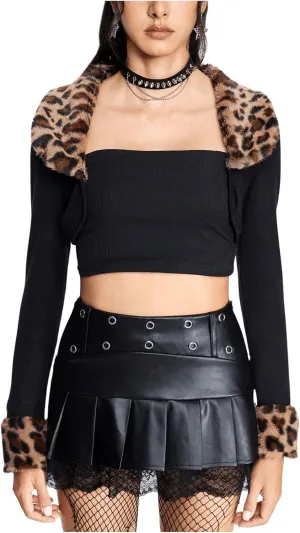 WDIRARA Women's Leopard Pattern Fuzzy Collar Long Sleeve Crop Coat Open Front Shrug Outerwear