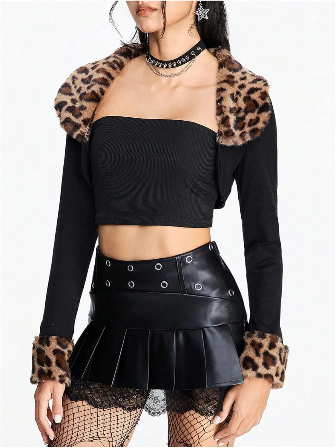 WDIRARA Women's Leopard Pattern Fuzzy Collar Long Sleeve Crop Coat Open Front Shrug Outerwear