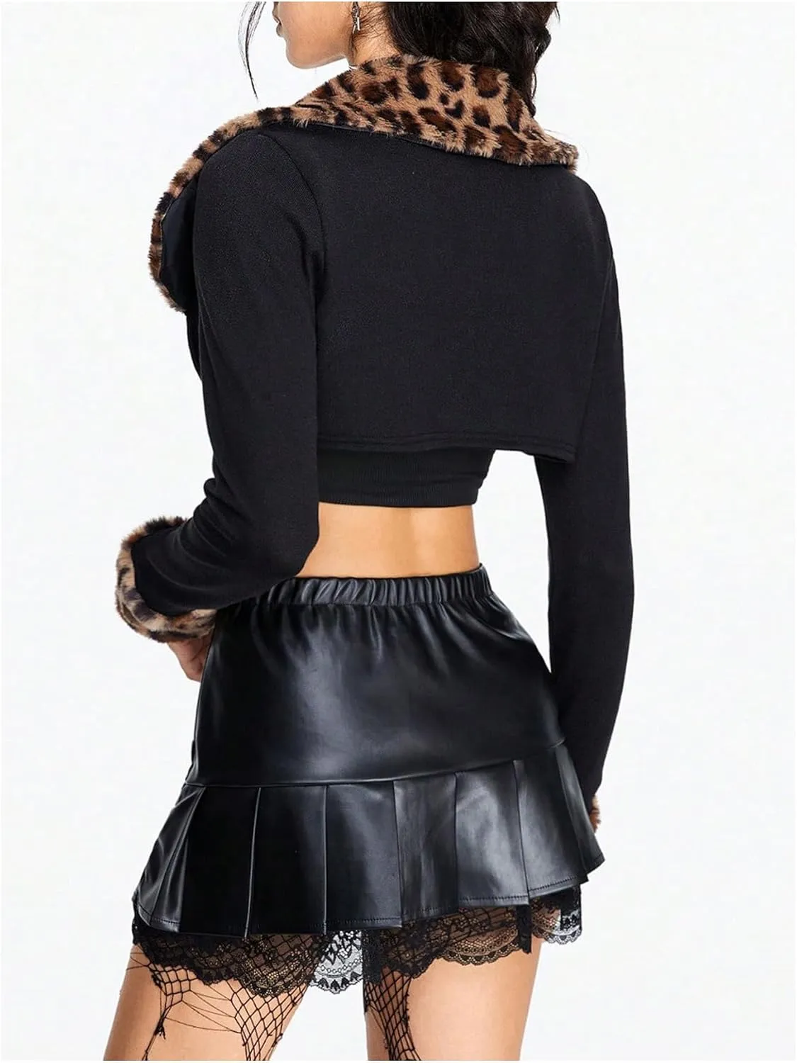 WDIRARA Women's Leopard Pattern Fuzzy Collar Long Sleeve Crop Coat Open Front Shrug Outerwear
