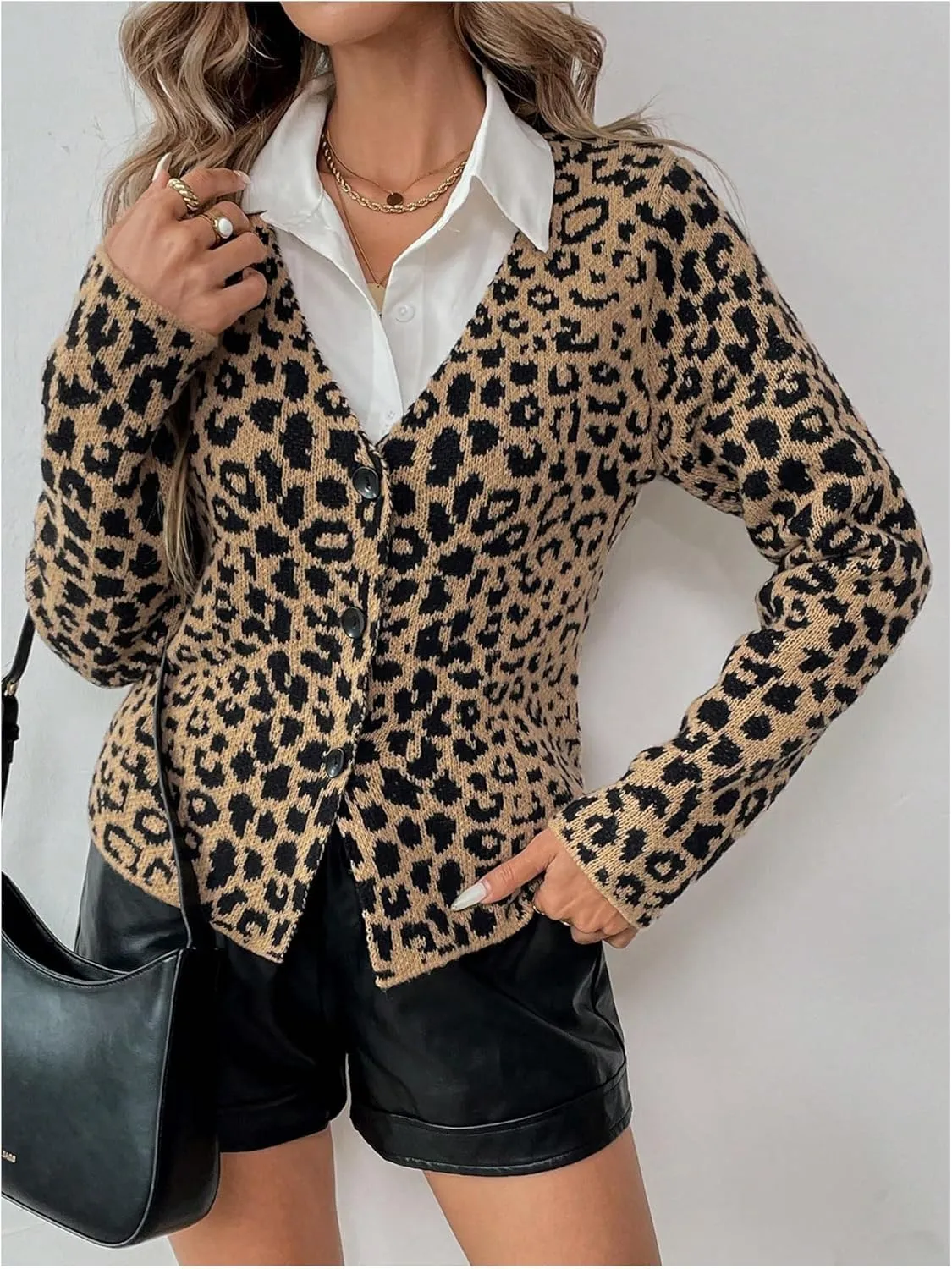 WDIRARA Women's Leopard Print Button Down Cardigan Long Sleeve Sweater V Neck Knit Outerwear