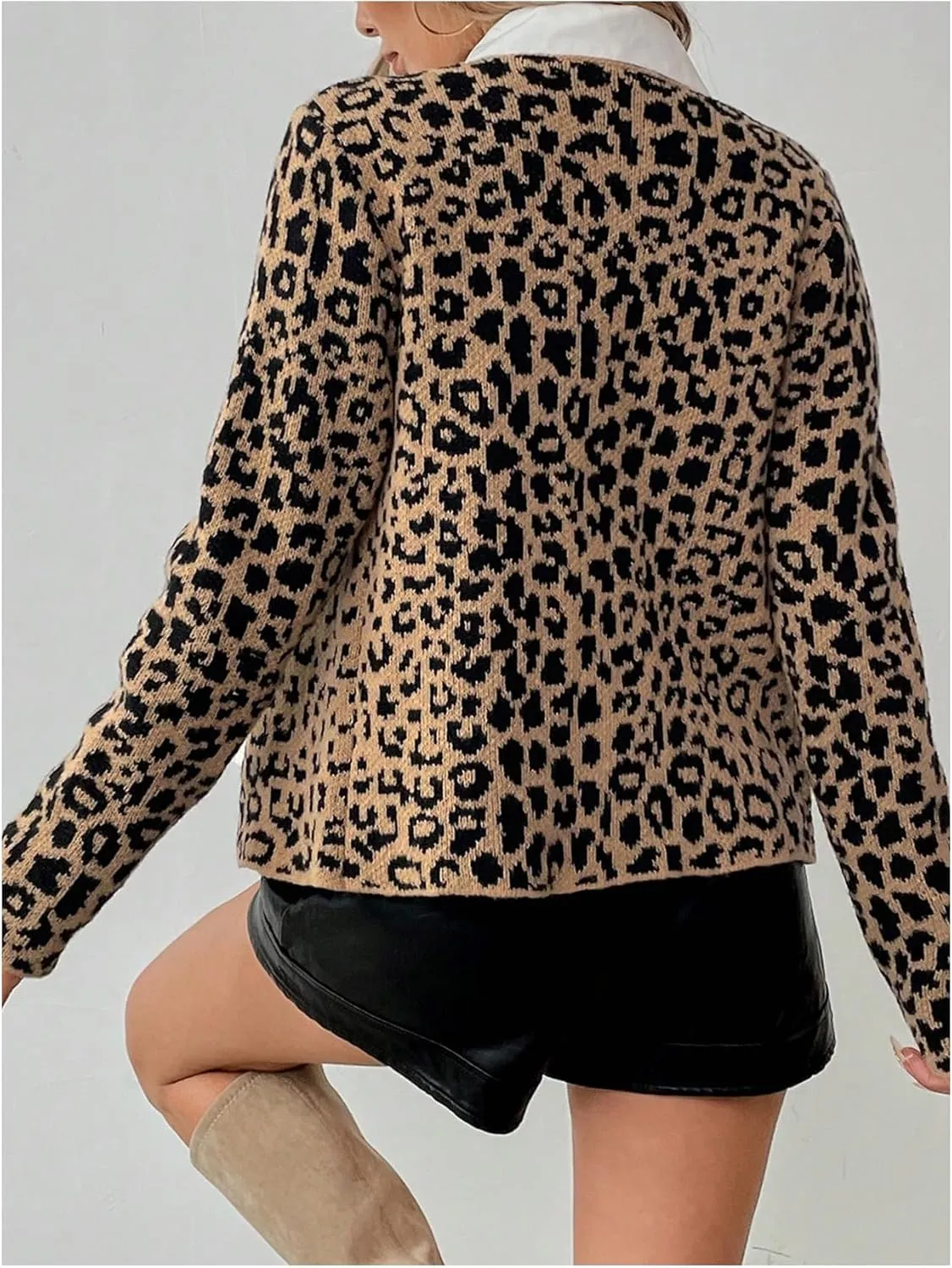 WDIRARA Women's Leopard Print Button Down Cardigan Long Sleeve Sweater V Neck Knit Outerwear